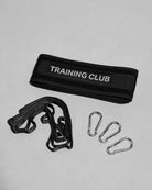 Black weight belt with carabiners on a gray background, featuring 'Training Club' branding.